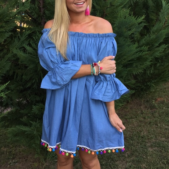 Dresses & Skirts - Chambray Bardot Dress with Pom Pom hem